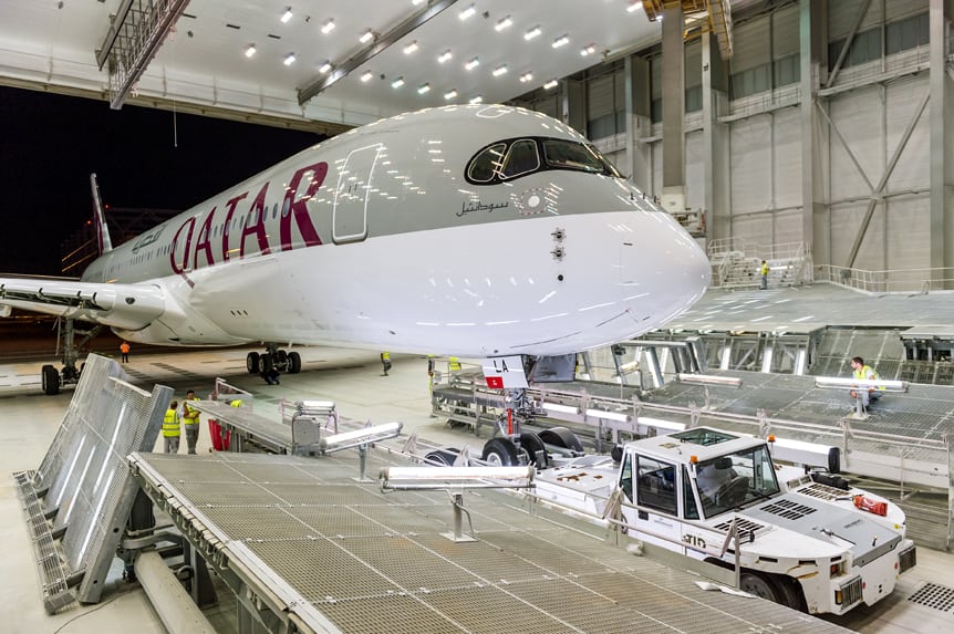 Qatar Airways’ freshly painted Airbus A350 XWB on the factory lines