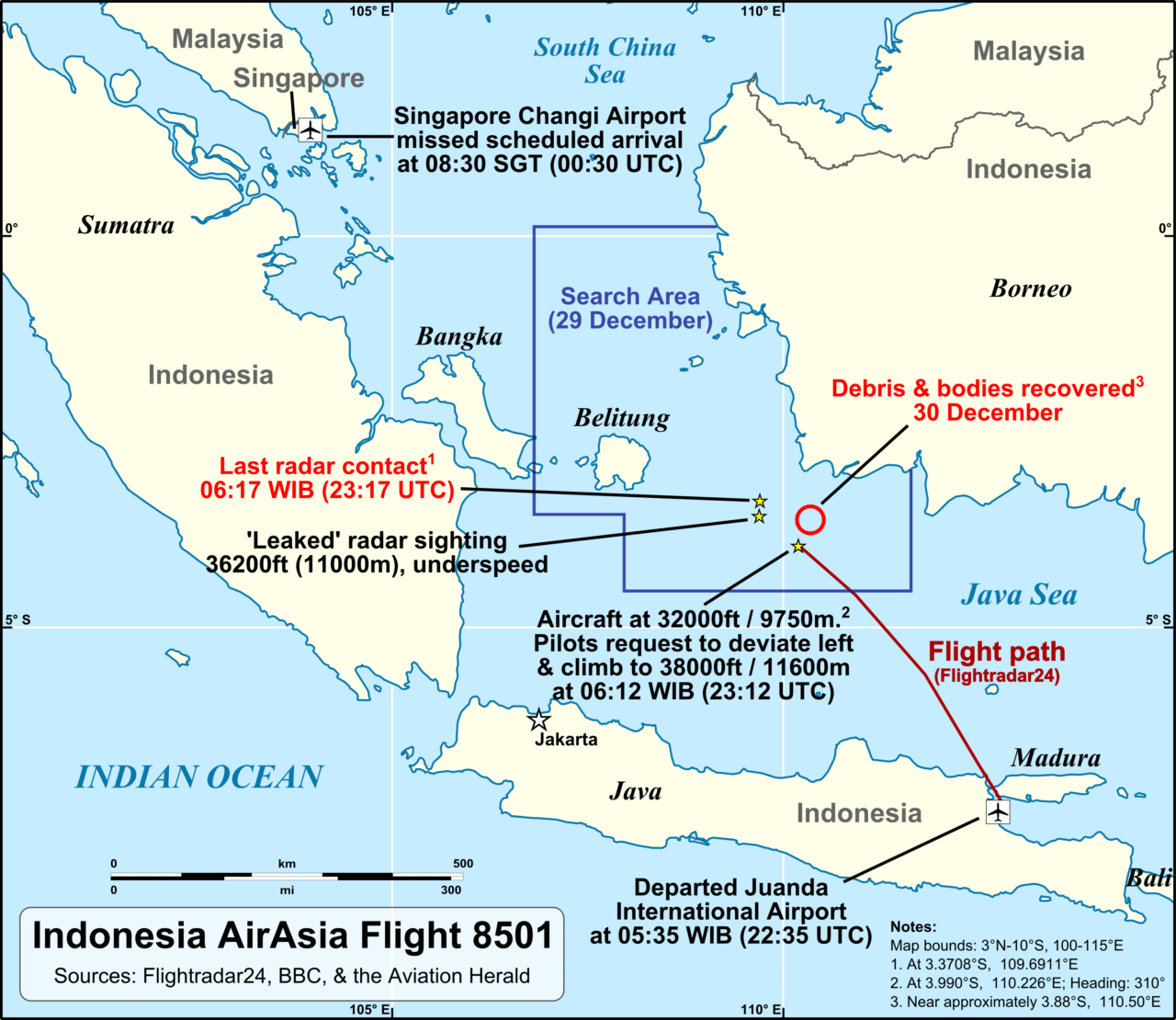 QZ8501 flight path and search area