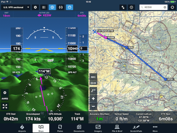 ForeFlight Mobile receives the SkyView GPS and AHRS data to feed the moving map and Synthetic Vision views