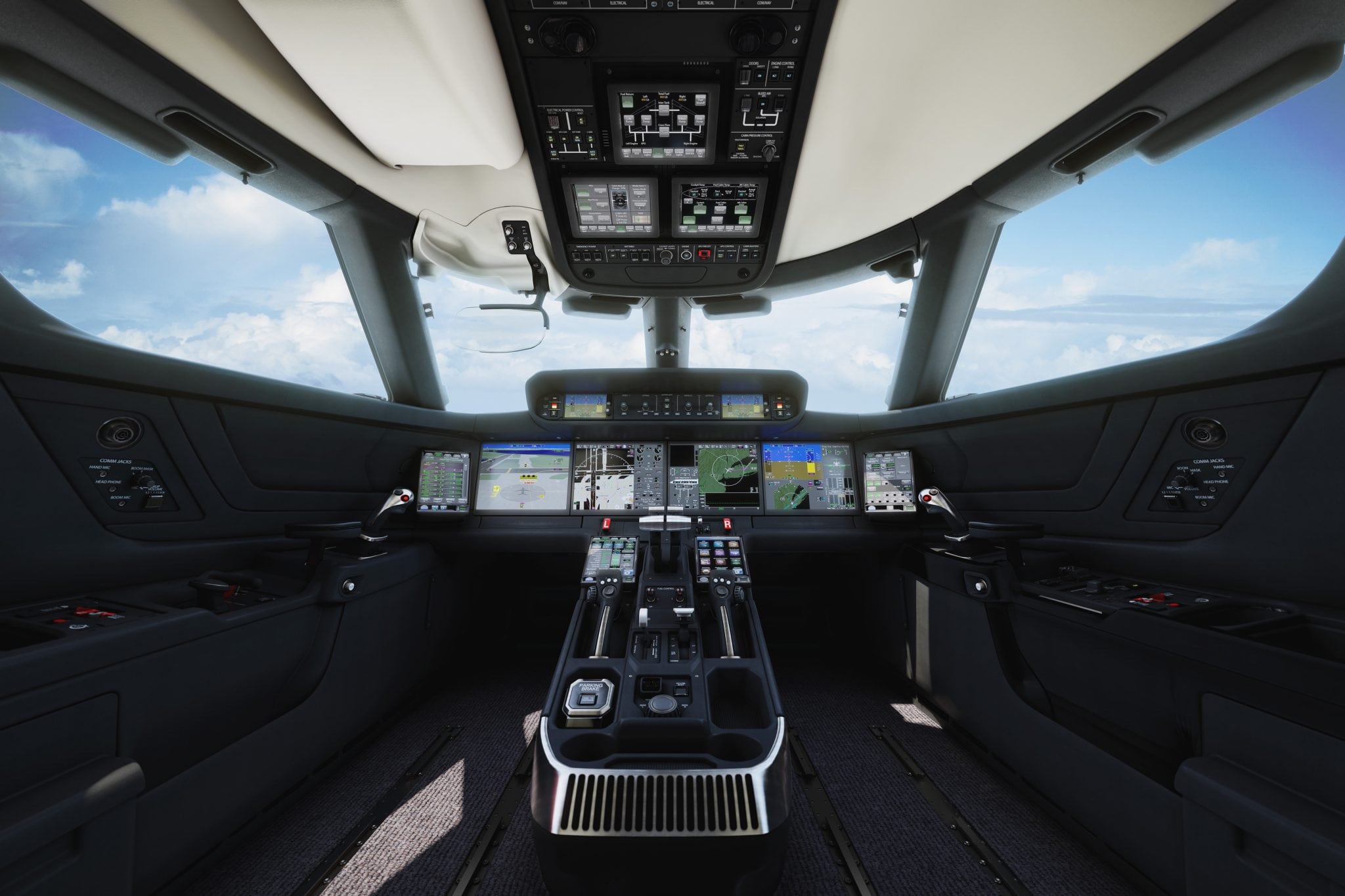 Flight deck of Gulfstream G500 equipped with Honeywell SmartView SVS and touchscreen technologies, among others