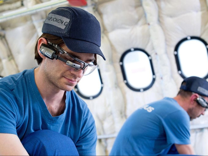 Airbus technician uses smart glasses on A330 final assembly line