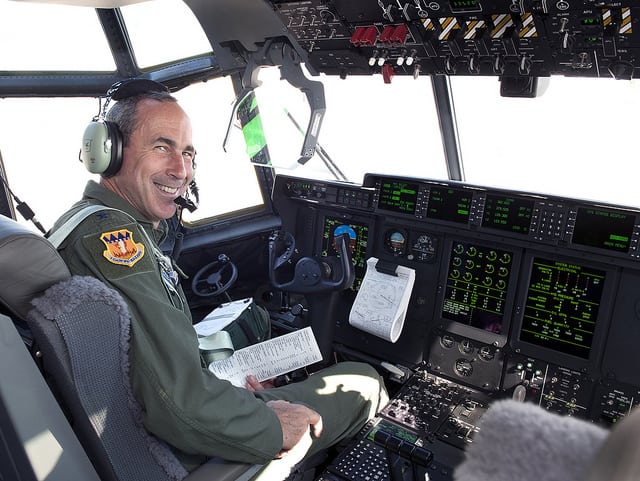 Gen. Raymond Johns, commander of the U.S. Air Force’s Air Mobility Command, in cockpit of C-130J