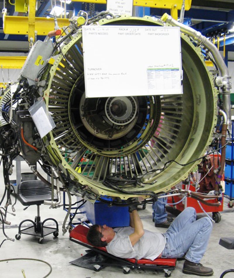 American Airlines technician completing MRO work