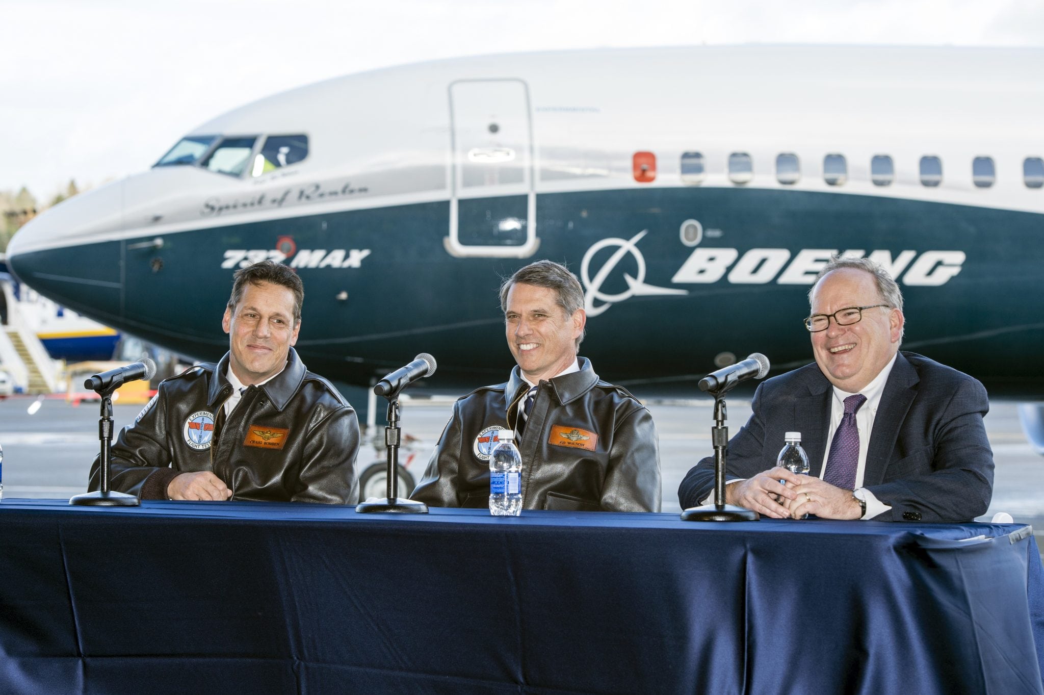 Following the successful first flight of the 737 MAX, (L-R) Boeing Chief Test Pilot and Vice President of Flight Operations Craig Bomben, 737 MAX Chief Pilot Ed Wilson and Keith Leverkuhn, vice president and general manager, 737 MAX program briefed news media