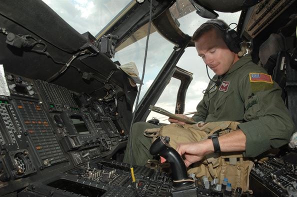 U.S. Air Force Pilot in the cockpit of an HH-60G Pave Hawk helicopter