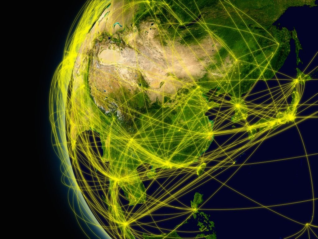 East Asia viewed from space with connections representing main air traffic routes. Elements of this image furnished by NASA