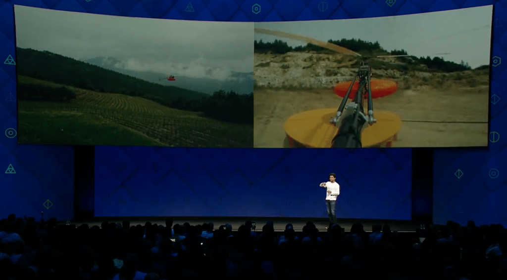 Facebook's connectivity lead Yael Maguire shows the crowd a new helicopter solution at F8 2017. Image courtesy of Facebook video.
