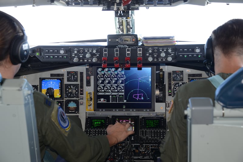Pilots with the Iowa Air National Guard’s 185th Air Refueling Wing’s fly the unit’s first KC-135 aircraft converted with the newest digital avionics cockpit instruments, known as the Block 45 modification, back to Sioux City, Iowa on August 25, 2017. The new instrument panel replaces the radio altimeter, auto-pilot, digital flight director on the center column of the cockpit. U.S. Air National Guard Photo by Master Sgt. Vincent De Groot 185th ARW PA/Released