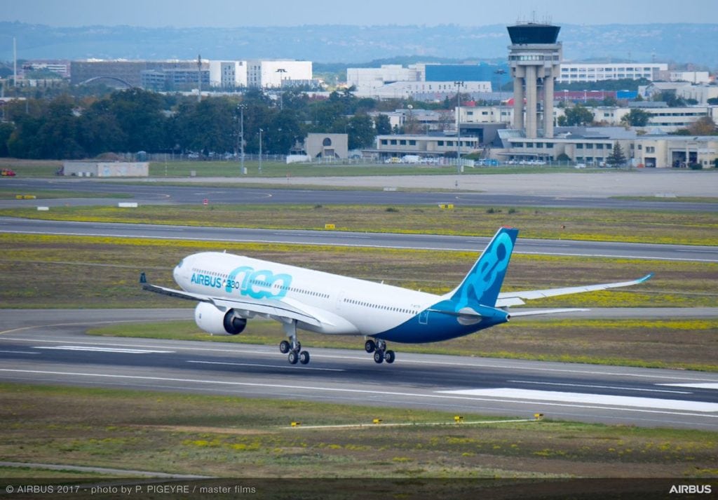 Designated the MS1795, the first of three A330neo family development aircraft to fly lands at France’s Toulouse-Blagnac Airport after its high-profile maiden flight. Photo by P. Pigeyre/master films courtesy of Airbus