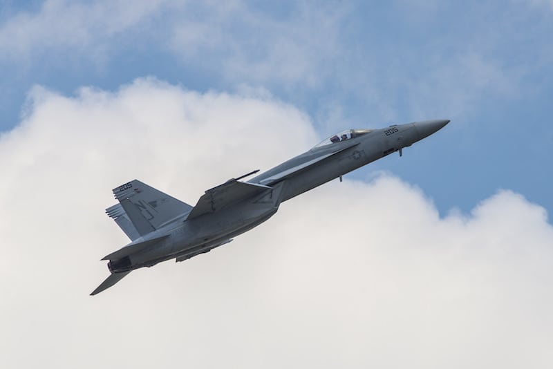 The U.S. Navy Tactical Demonstration Team executes tactical maneuvers in the F-18 Super Hornet during the 100th Centennial Celebration Air Show, June 11, 2017, at Scott Air Force Base, Ill. Boeing offers a suite of upgrades to the F/A-18 Super Hornet, including conformal fuel tanks, an enclosed weapons pod, an enhanced engine and a reduced radar signature. These capabilities, along with other advanced technologies, offer U.S. and international customers a menu of next-generation capabilities to outpace future threats affordably. (U.S. Air Force photo/Senior Airman Tristin English)