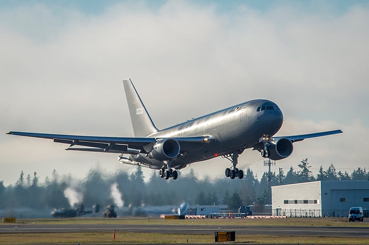 The first KC-46 tanker for the U.S. Air Force takes off from Paine Field in Everett, Wash., on its maiden flight. During the three and one-half hour flight, pilots took the aircraft to 39,000 feet and performed operational checks on engines, flight controls and environmental systems. The KC-46 is a multirole tanker than can refuel all allied and coalition aircraft compatible with international aerial refueling procedures and can carry passengers, cargo and patients. (Photo by Marian Lockhart)