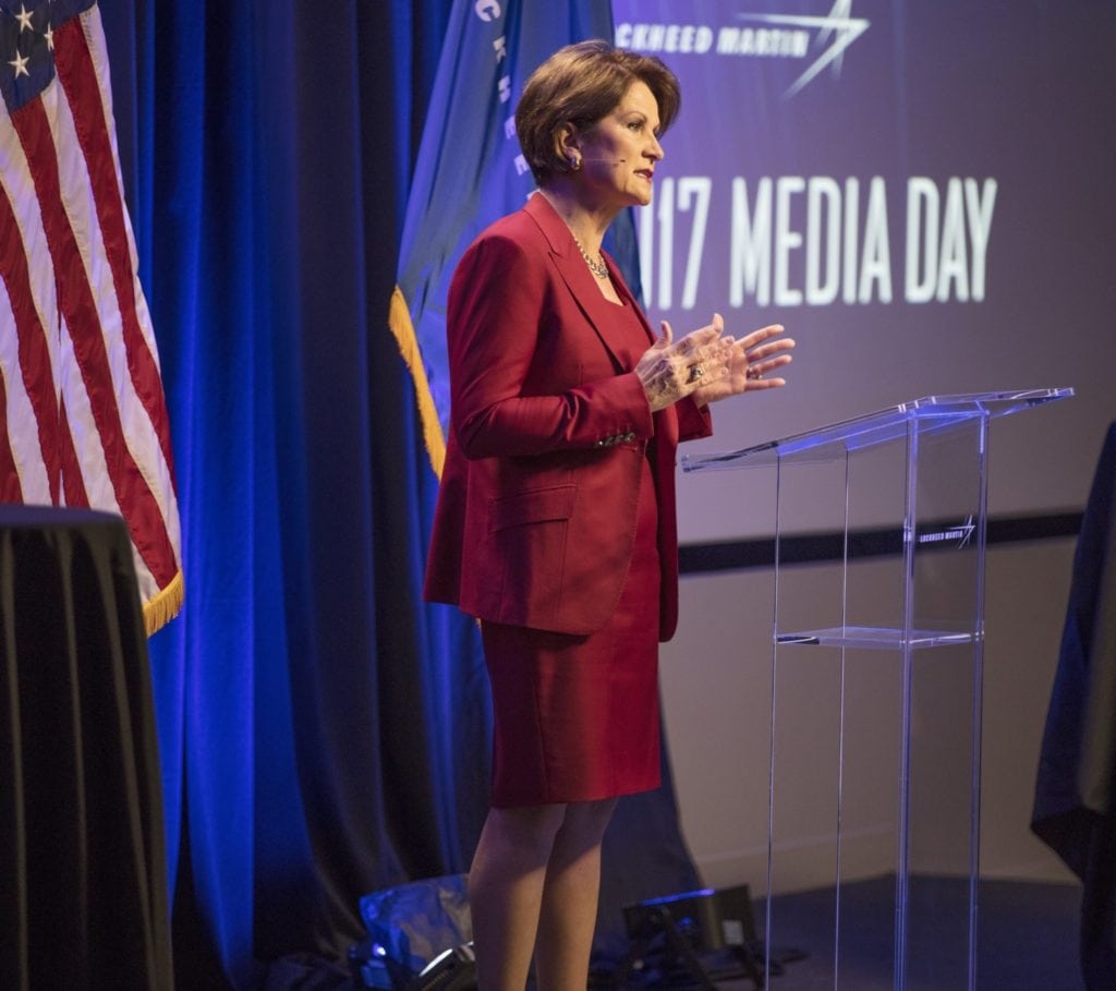 Lockheed Martin Chairman, President and CEO Marillyn Hewson speaking at the company's annual media day on March 21. Photo: Lockheed Martin