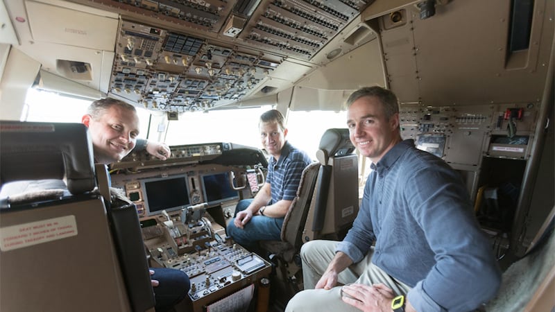 Pictured (Left to right): Steffen Vagt-Andersen, Planning Manager, Star Air; Nick Trent Principal Program Manager, Rockwell Collins; and Colm Carty, Engineering Manger, Atlantic Aviation Group inspecting the large-format flight display upgrade at the Atlantic Aviation Group facility recently in Shannon, Ireland. Photo courtesy of Rockwell Collins