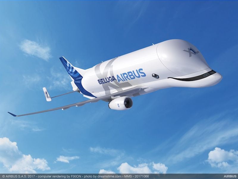 The BelugaXL’s special livery design – including beluga whale-inspired eyes and a happy grin – was voted on by Airbus employees. Image courtesy of Airbus