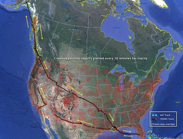 Flight path of Globalstar's ADS-B test flight