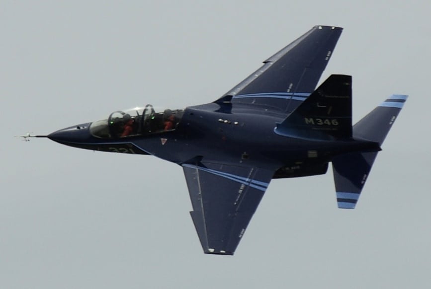 The M-346 trainer aircraft in flight