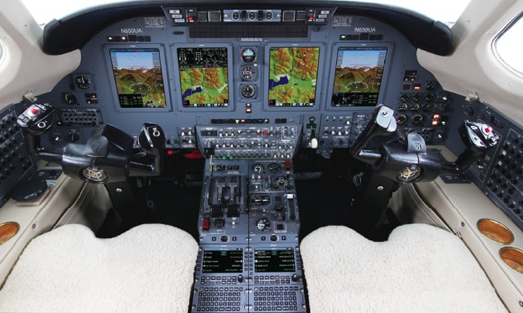 The Universal Avionics flight deck on the Citation VII