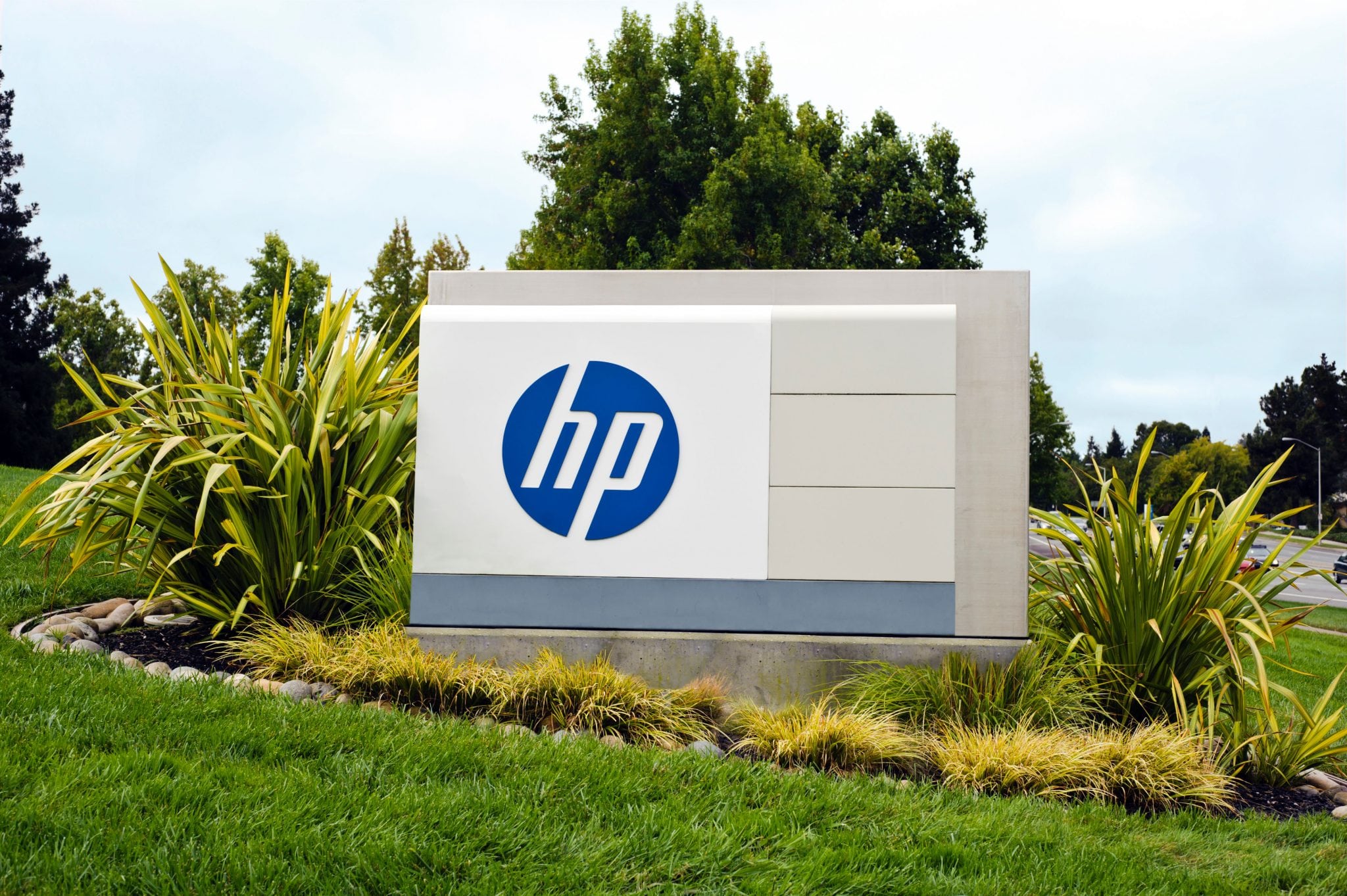 Front sign of HP Corporate headquarters in Palo Alto, Calif