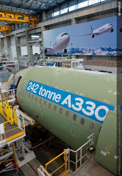 The first 242-ton maximum takeoff weight A330-300 jetliner on the final assembly line in Tolouse, France