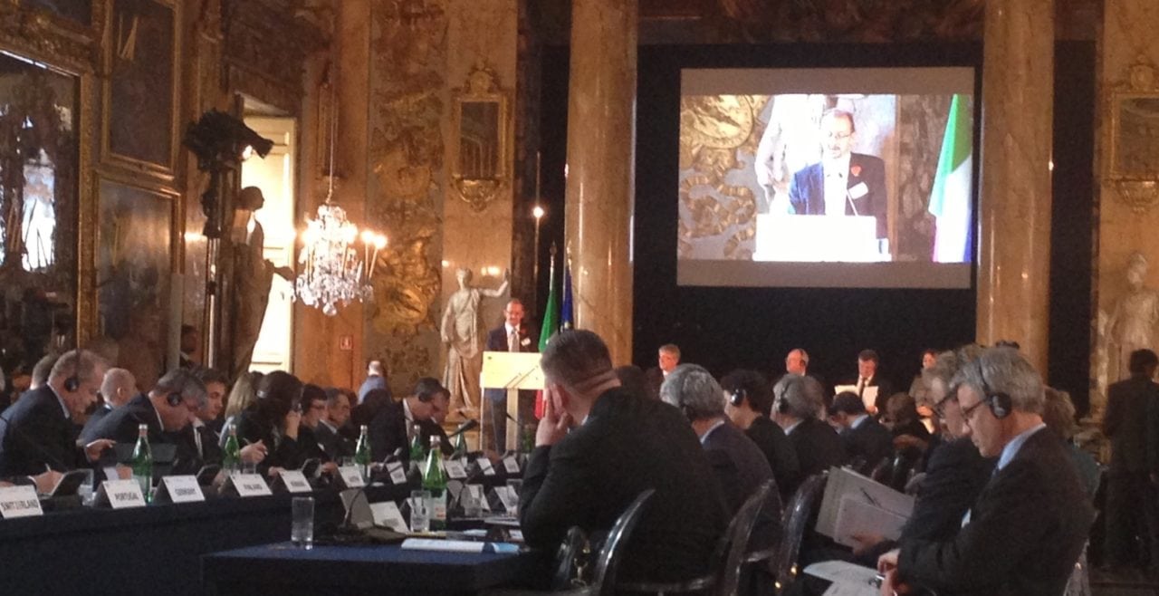 Richard Deakin addresses European transport ministers at the Pallazzo Colonna, Rome