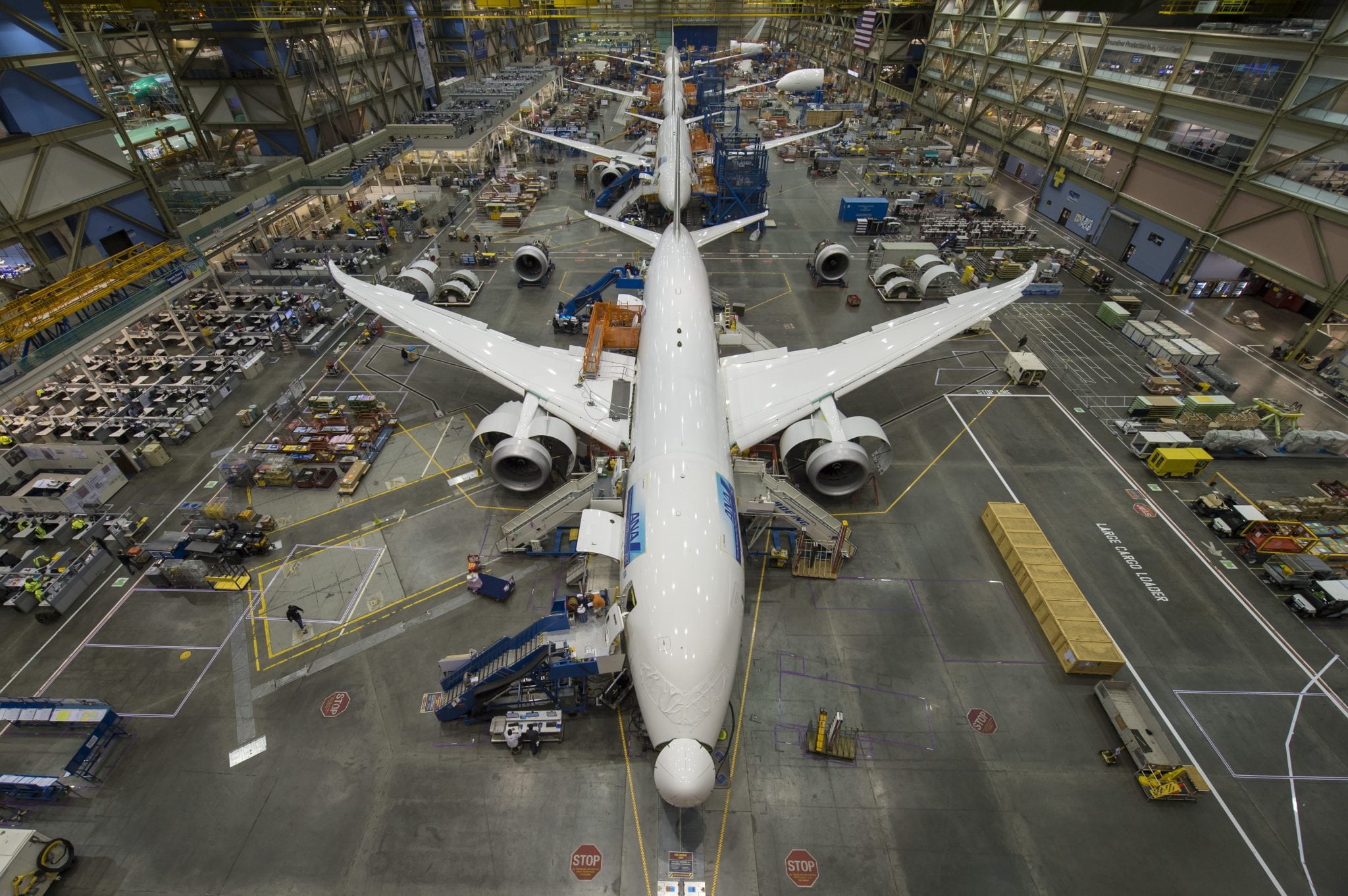 787 aircraft on the manufacturing line in Everett, Wash.