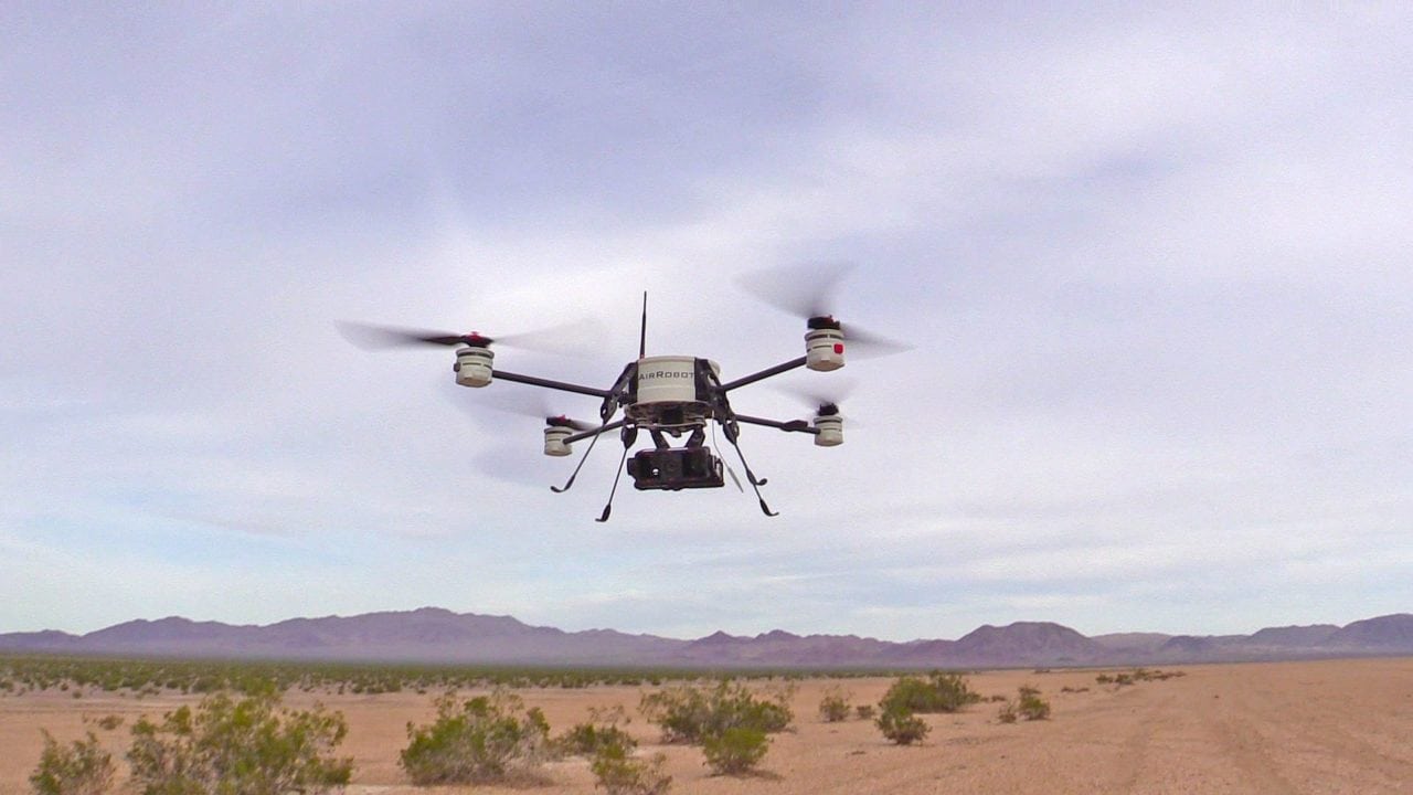 An AirRobot unmanned aerial system flies at Fort Benning, Georgia