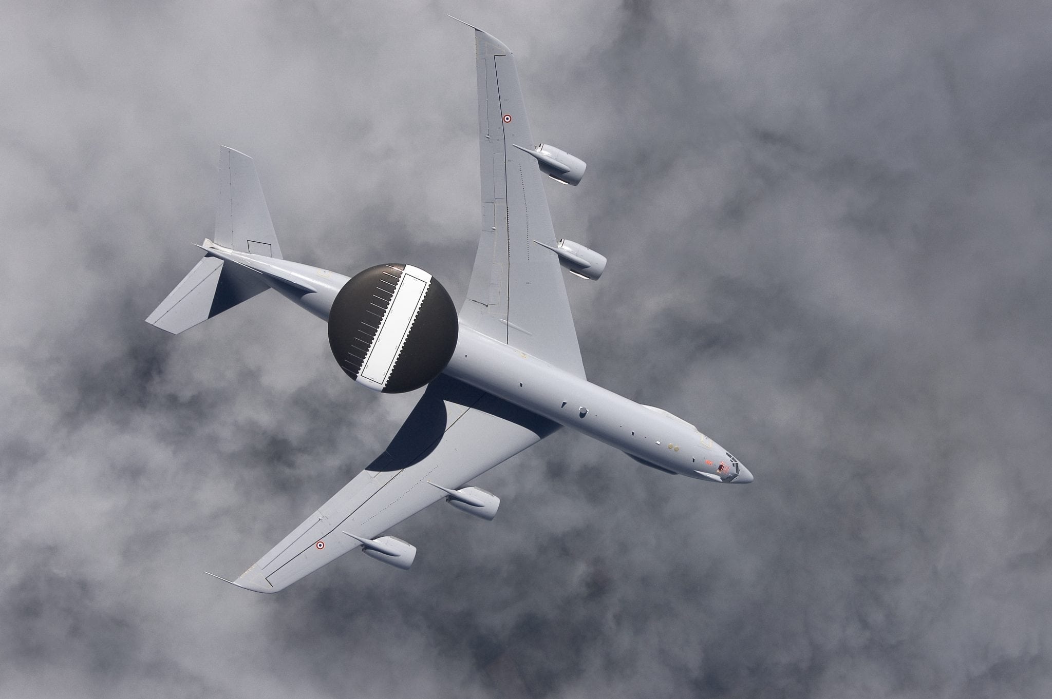 A French AWACS aircraft patrols the skies as part of a routine mission. The French AWACS fleet is in the midst of the Mid-Life Upgrade that modernizes the capabilities on board