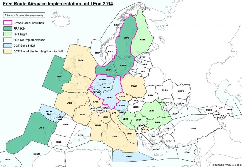 A diagram of current free route airspace implementation across Europe