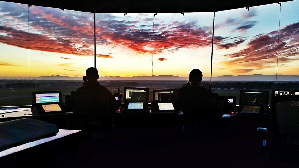 Air traffic controllers in a tower in Christchurch, New Zealand