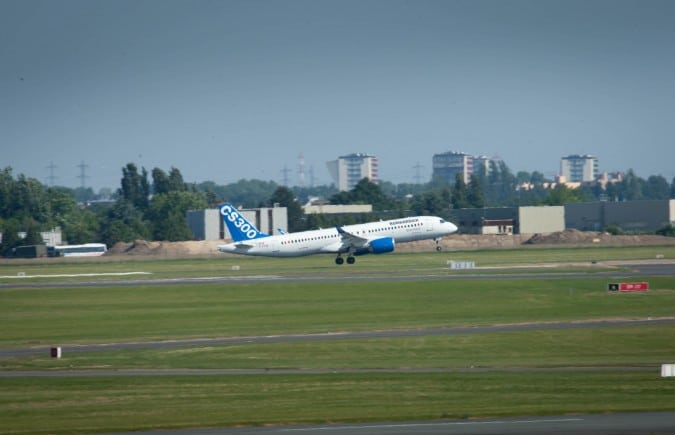 A CSeries test aircraft leaving the runway