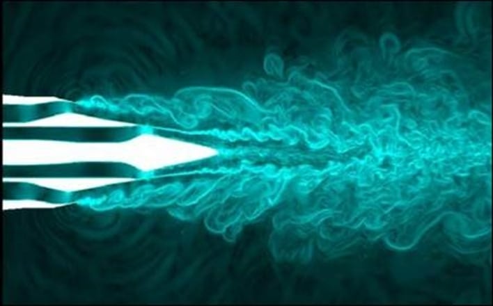 High fidelity model of the flow from an aircraft engine exhaust nozzle showing the complex interactions of the high velocity jets, which generate acoustic waves