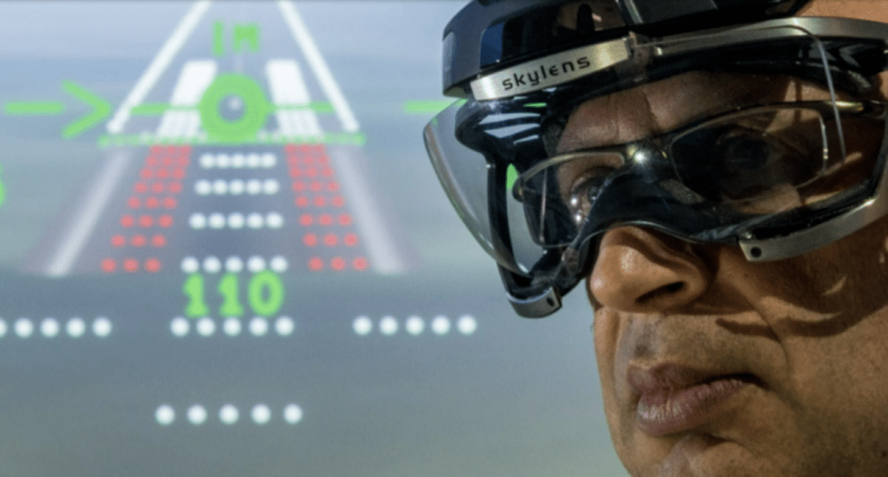 Pilot wearing Skylens wearable HUD