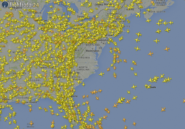 Image of diverted flight paths during yesterday’s ATC computer glitch at ZDC