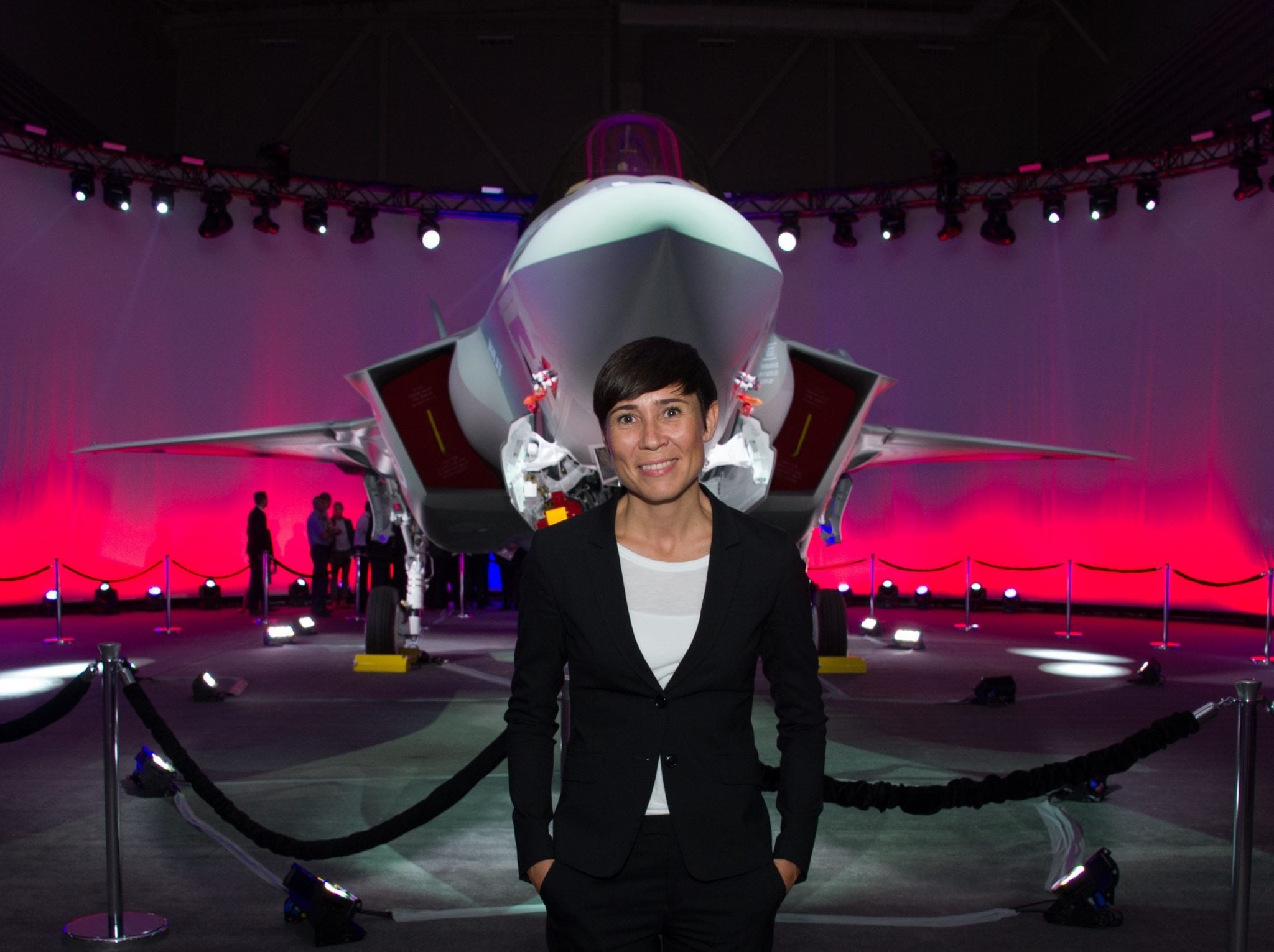 Norwegian Minister of Defence, Ine Eriksen Søreide, with the Norwegian Armed Force's first F-35A Lightning II, known as AM-1, at the Lockheed Martin F-35 production facility in Fort Worth, Texas