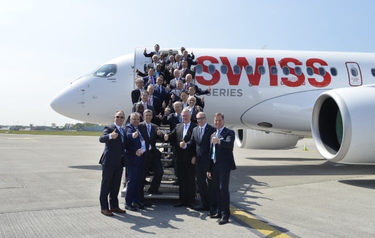 ombardier and Star Alliance CEOs and executives fly on the first CS100 passenger flight