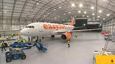 easyJet aircraft in London Gatwick airport hangar