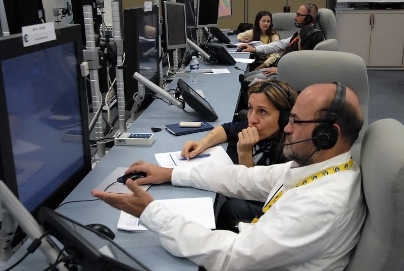 From the bottom: Gabor Petnehazy, Julia Sanchez, Stefan Oze and Anastasiia Sobchenko during the small scale RTS demonstration at the Eurocontrol Experimental Centre