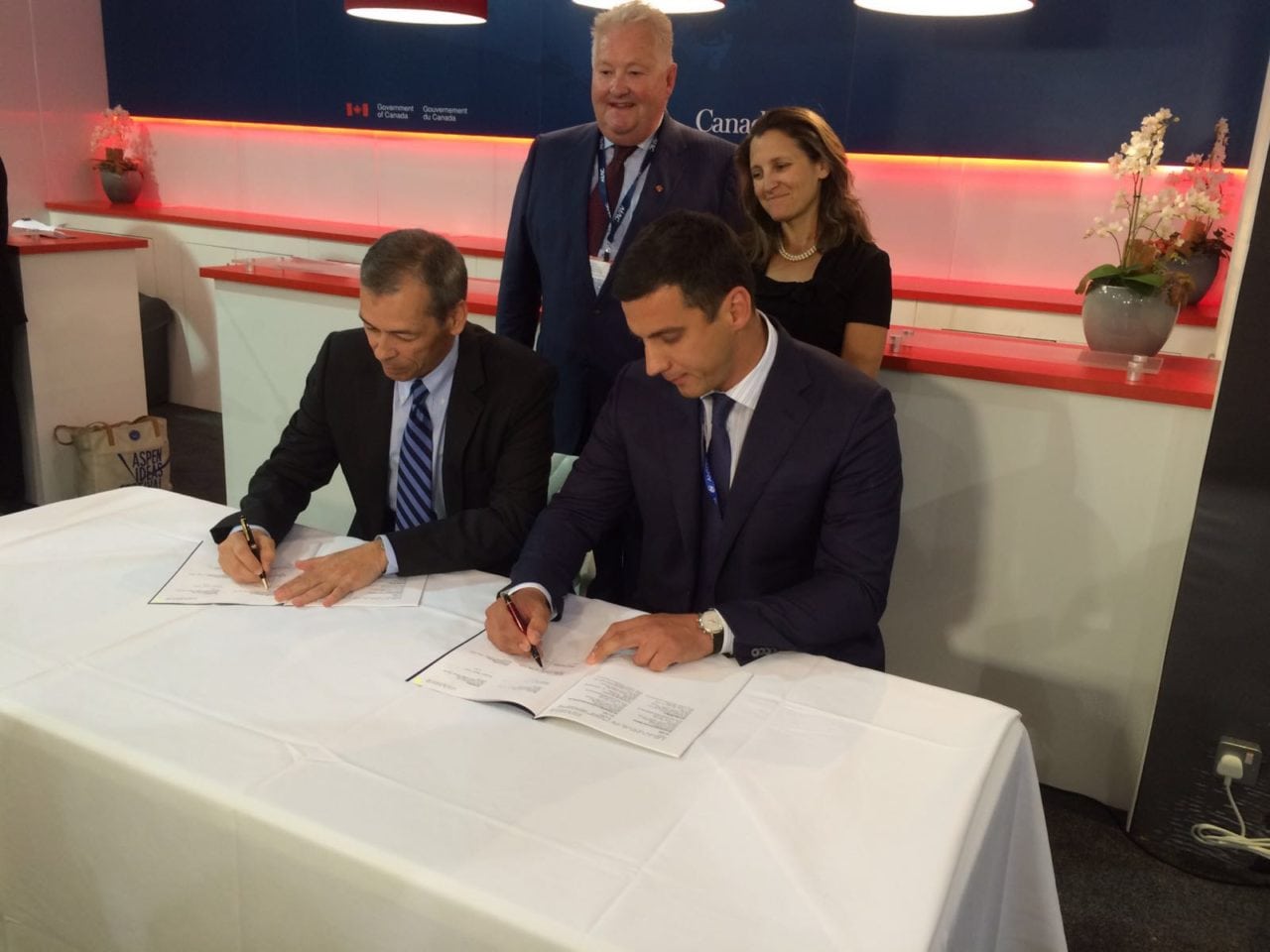 Left to Right: Esterline CMC Electronics Avionics Systems President Michel Potvin and Antonov Company President Oleksandr Kotsiuba sign avionics agreement