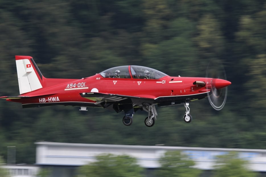 The Pilatus PC-21 aircraft taking its first initial production test flight at their factory in Stans, Switzerland