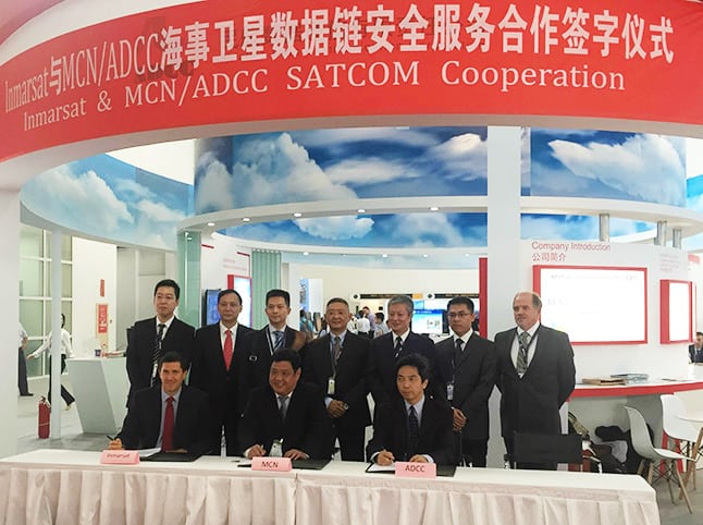 Seated from left to right: Otto Gergye, Inmarsat Aviation’s Vice President of Airline Market Development, Song Zhen, MCN Vice President, and Zhu Yanbo, ADCC Vice President, are joined by colleagues to celebrate the signing of a MoU at ATC Global in China