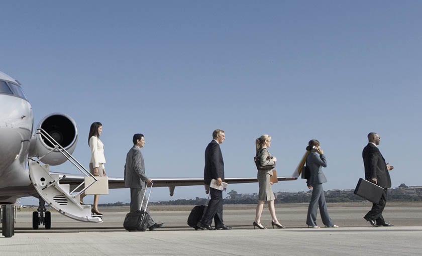 Passengers disembarking a Bombardier Global 650