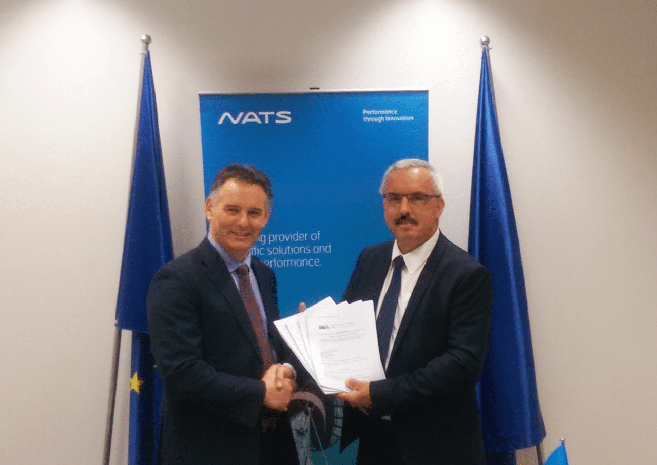 Paul Haskins, Director of Service, Strategy and Transformation at NATS and Mr Dirk Beckers, Director of the Innovation and Networks Executive Agency (INEA) formally exchanged signed copies of four grant agreements at a ceremony in Brussels. Photo: NATS