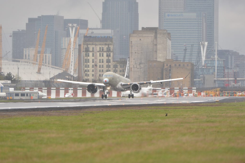 Bombardier CS100 aircraft performing validation tests at London City Airport. Photo: Bombardier.