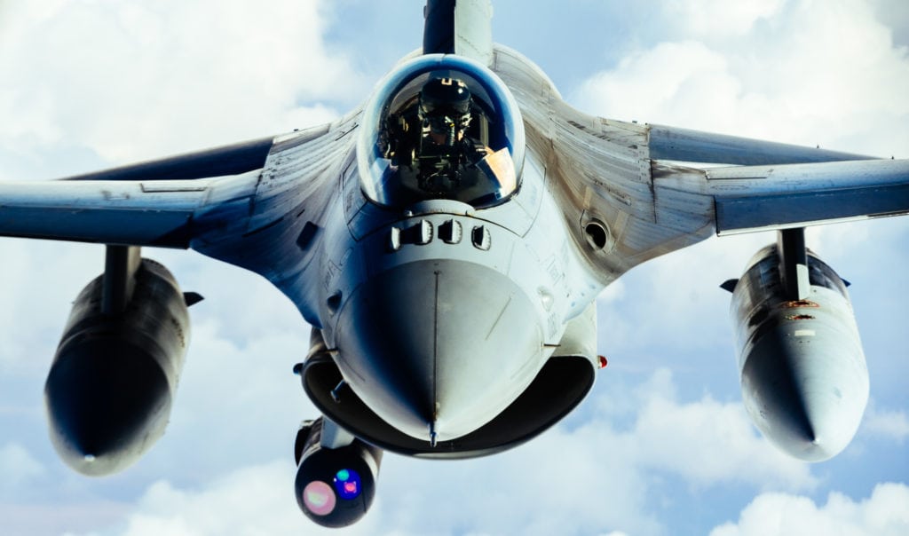 A U.S. Air Force F-16 Fighting Falcon refuels from a 340th Expeditionary Air Refueling Squadron KC-135 Stratotanker in support of Operation Inherent Resolve, Feb. 15, 2017. The 340th EARS extended the fight against Islamic State of Iraq and Syria terrorists by delivering fuel to U.S. Air Force F-16 Fighting Falcons, A-10 Thunderbolt IIs and a B-52 Stratofortress. (U.S. Air Force photo by Senior Airman Jordan Castelan)