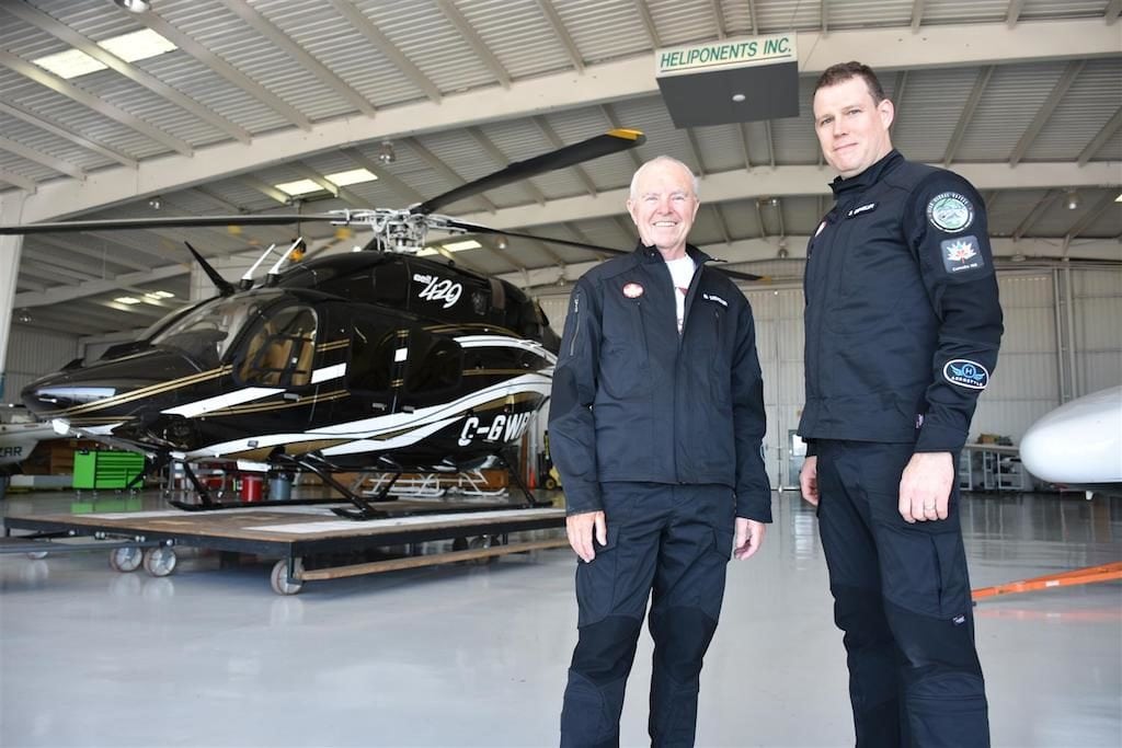 Father and son duo Bob and Steven Dengler in front of the Bell 429 helicopter they’ll be piloting during their journey as the world’s first Canadian helicopter flight around the world.