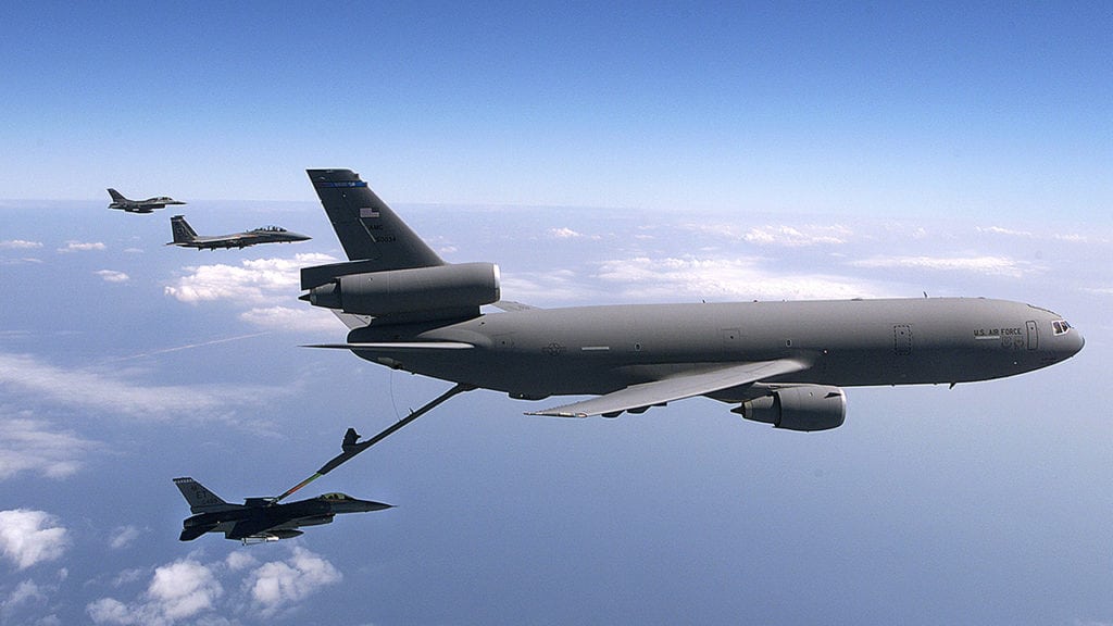 An F-16 Fighting Falcon from the 40th Flight Test Squadron, Eglin Air Force Base, Florida, refuels from a KC-135 Stratotanker during Air & Space Power Expo '99. The Expo was put on for congress to show how ready the US Air Force is for the next millenium. (U.S. Air Force photo by Staff Sgt. Jerry Morrison) (Released)