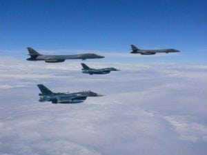 Two U.S. Air Force B-1B Lancers assigned to the 37th Expeditionary Bomb Squadron, deployed from Ellsworth Air Force Base, South Dakota, flew from Andersen Air Force Base, Guam, for a 10-hour mission, flying in the vicinity of Kyushu, Japan, the East China Sea, and the Korean peninsula, Aug. 7, 2017 (HST). During the mission, the B-1s were joined by Japan Air Self-Defense Force F-2s as well as Republic of Korea Air Force KF-16 fighter jets, performing two sequential bilateral missions. These flights with Japan and the Republic of Korea (ROK) demonstrate solidarity between Japan, ROK and the U.S. to defend against provocative and destabilizing actions in the Pacific theater. (Courtesy photo)