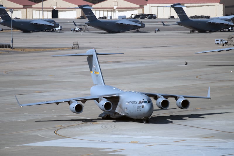 A C-17 Globemaster III from Joint Base Charleston, S.C., taxis on the tarmac at Travis Air Force Base, Calif., Sep. 11, 2017. The C-17 Globemaster III is delivering much needed supplies to areas devastated by Hurricane Irma. (U.S. Air Force photo by Louis Briscese)