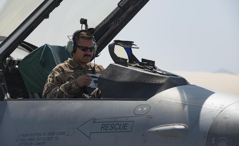 Air Force Senior Airman Christopher Caruso, a 555th Expeditionary Aircraft Maintenance Unit avionics technician, conducts an operations check on a sniper pod at Bagram Airfield, Afghanistan, Sept. 9, 2017. Caruso designed a stand for the sniper pod that allows maintainers to ops check it without mounting it to an aircraft and repair it on the spot in the event something needs to be fixed. Air Force photo by Staff Sgt. Benjamin Gonsier 