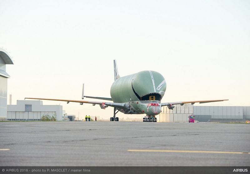 The first structurally complete Airbus BelugaXL super transporter will have its two jet engines installed and undergo months of tests ahead of its first flight in 2018. Photo courtesy of Airbus